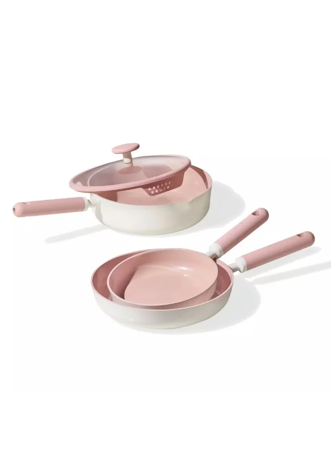 CAROTE Carote 21-Piece Ceramic Nonstick Cookware Set, PFAS-Free Healthy Cooking Set, Dual-size Silicone Strainer Lids, Full-Spray Even-Heat Base, All Kitchen Stovetop Compatible, Dishwasher Safe (Pink)